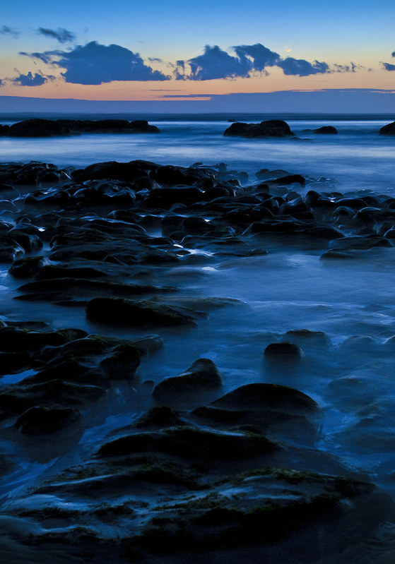 Long exposure blue hour with tide washing silently over dark coastal rocks at Kalaloch